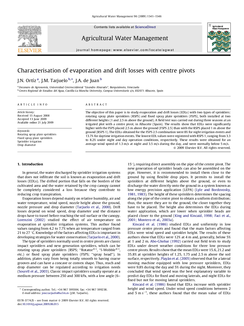 Characterisation of evaporation and drift losses with centre pivots