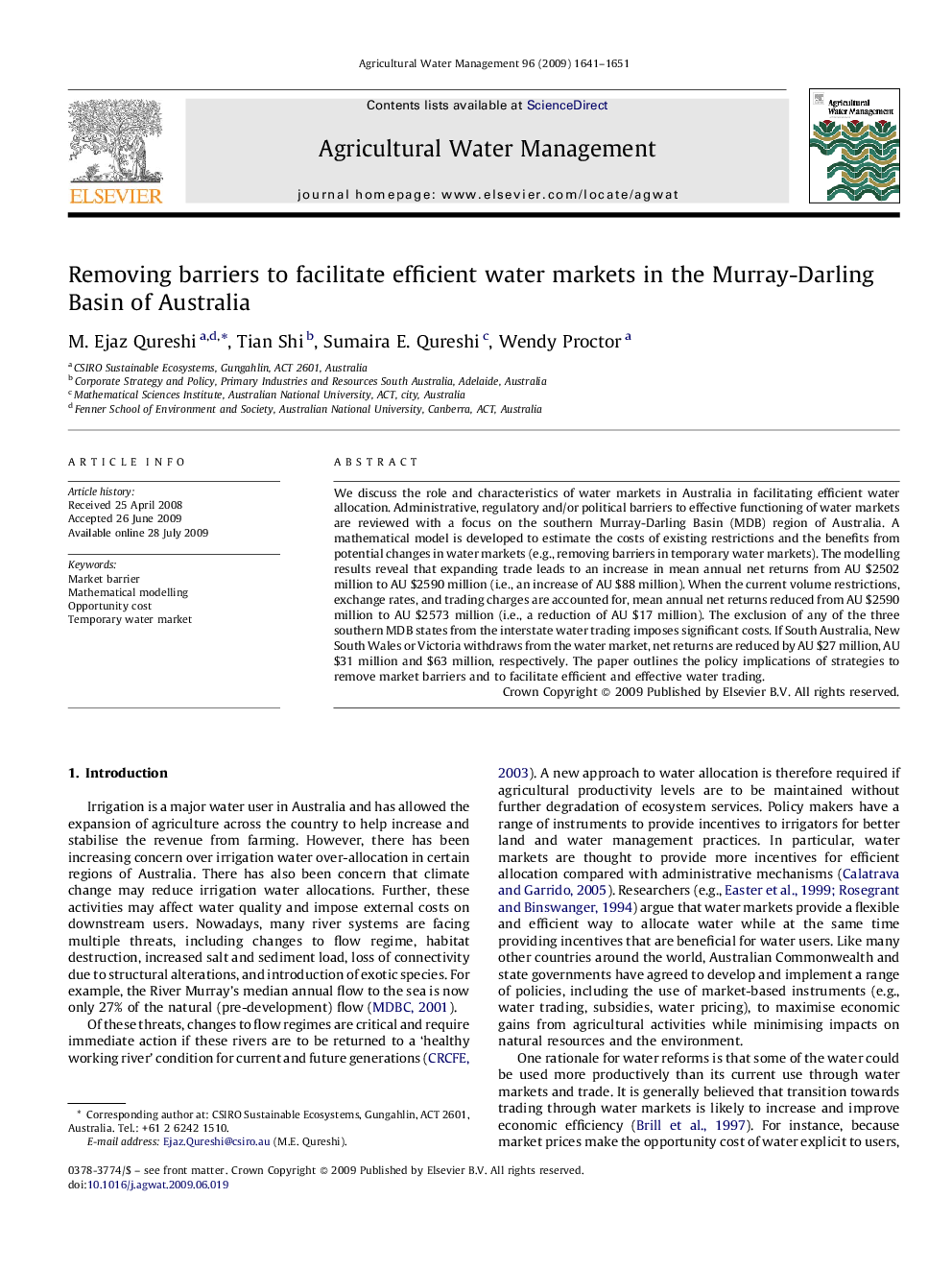 Removing barriers to facilitate efficient water markets in the Murray-Darling Basin of Australia