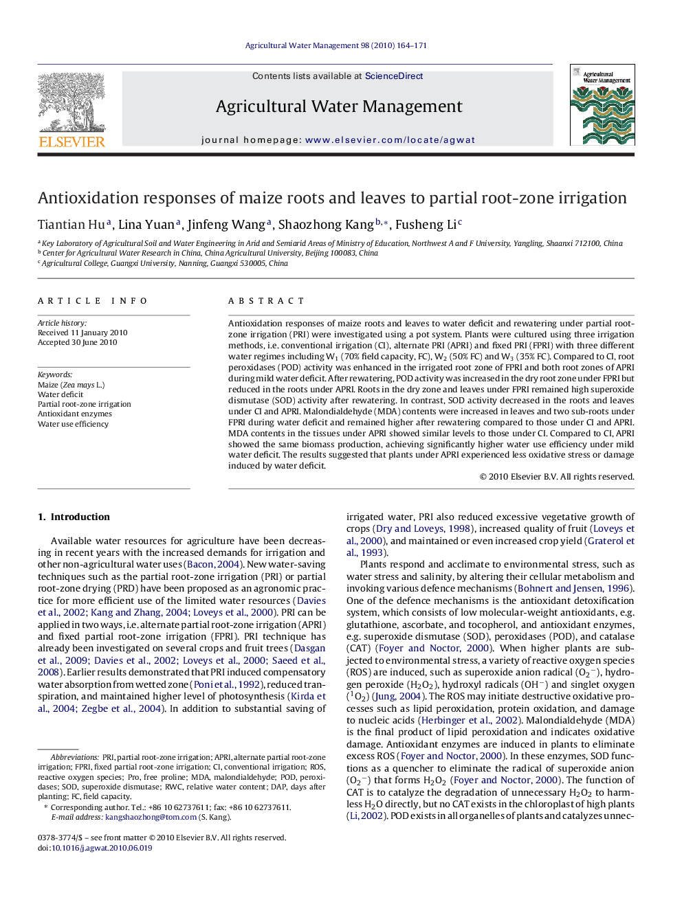 Antioxidation responses of maize roots and leaves to partial root-zone irrigation