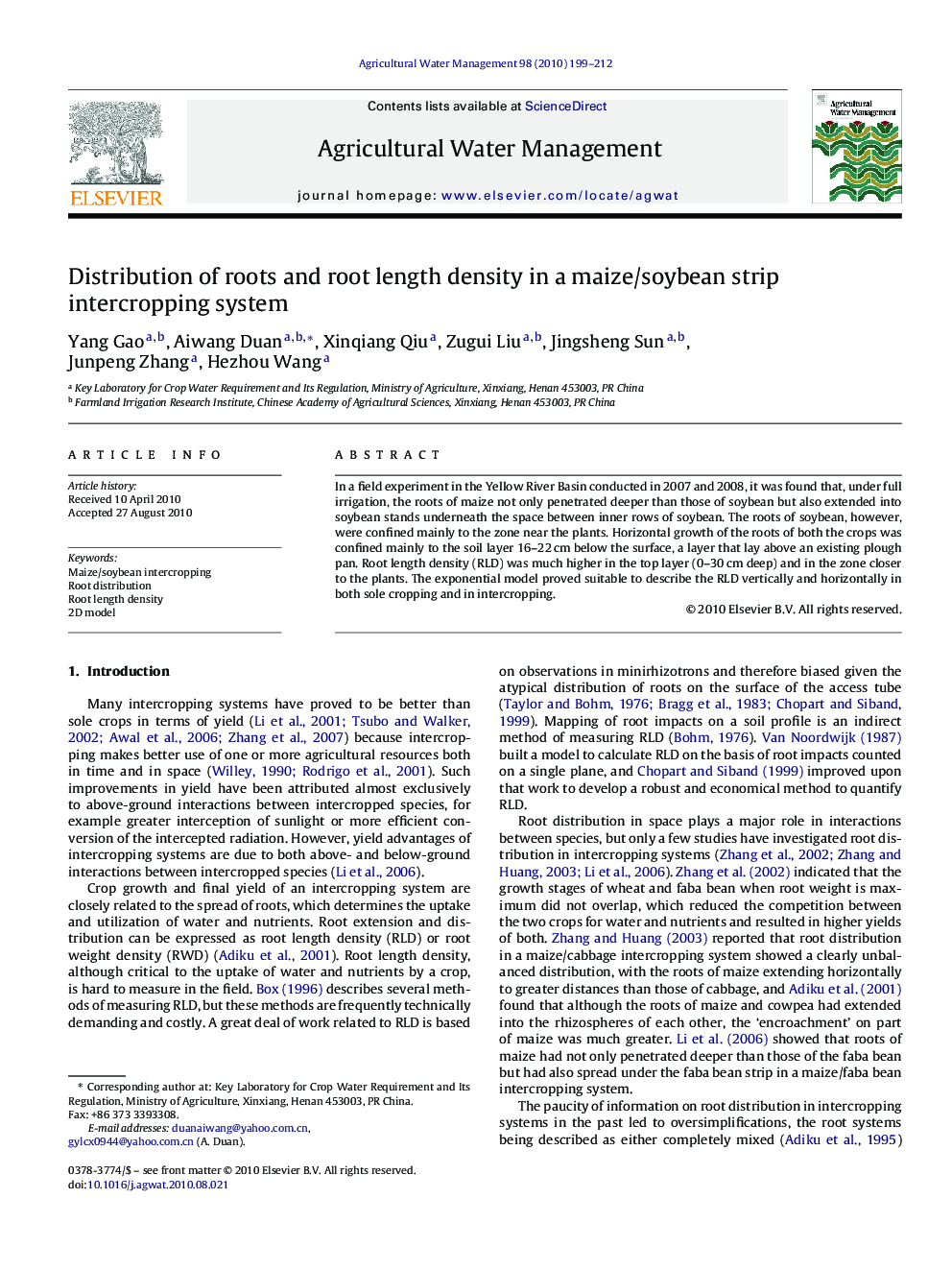 Distribution of roots and root length density in a maize/soybean strip intercropping system