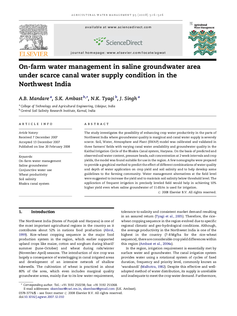 On-farm water management in saline groundwater area under scarce canal water supply condition in the Northwest India