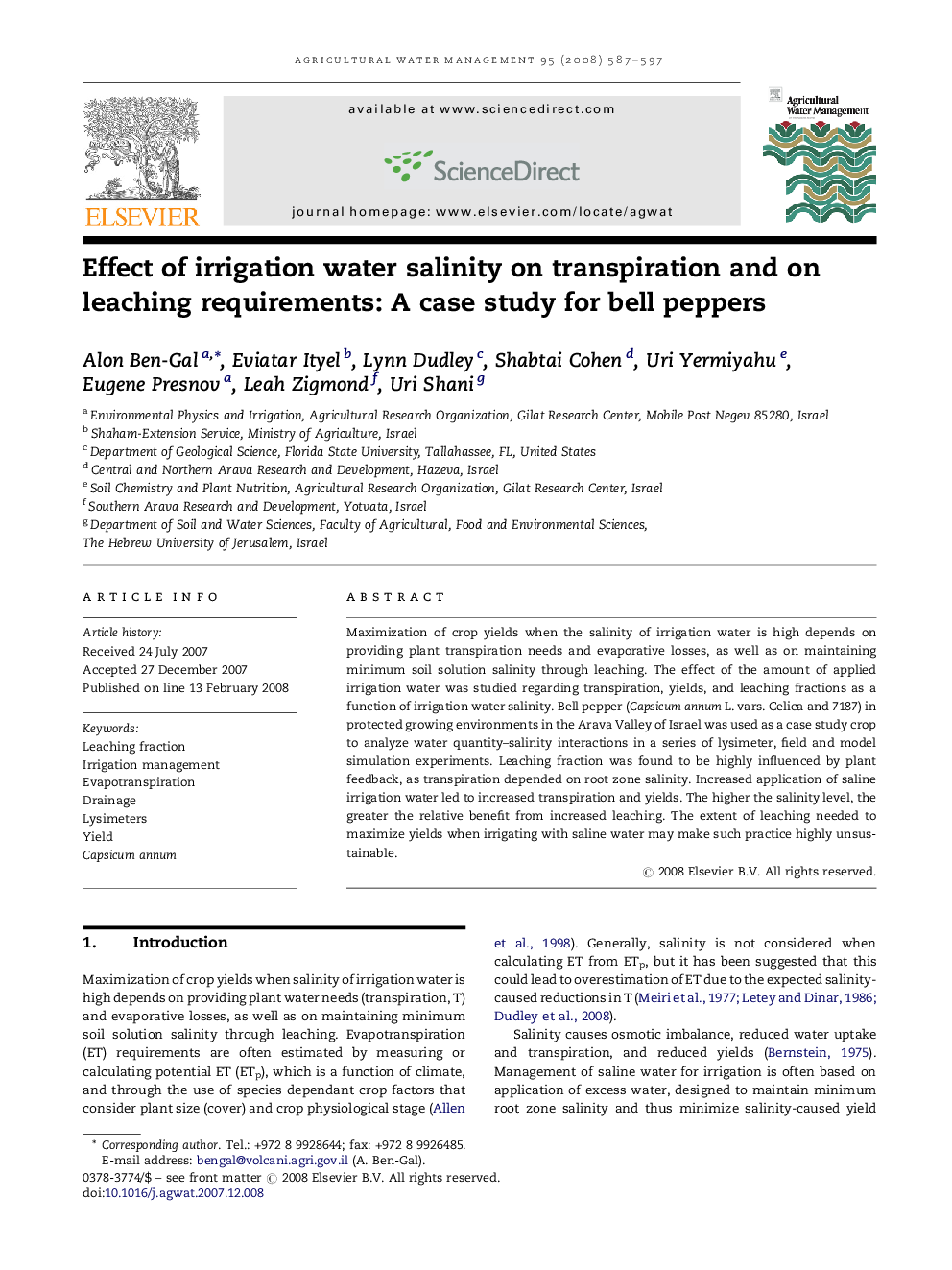 Effect of irrigation water salinity on transpiration and on leaching requirements: A case study for bell peppers