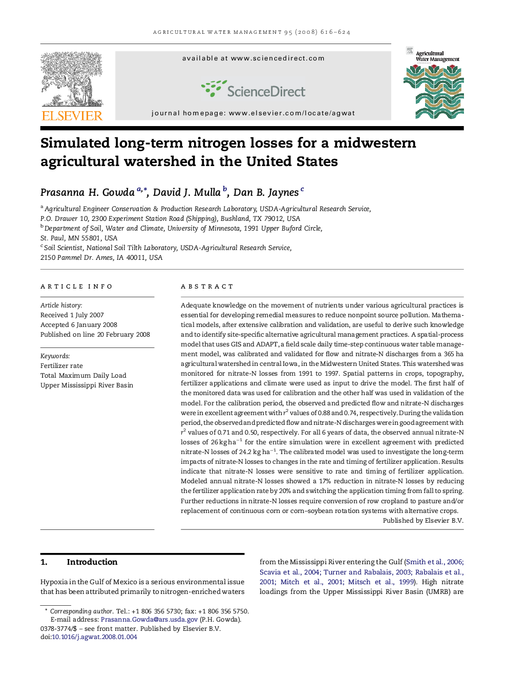 Simulated long-term nitrogen losses for a midwestern agricultural watershed in the United States