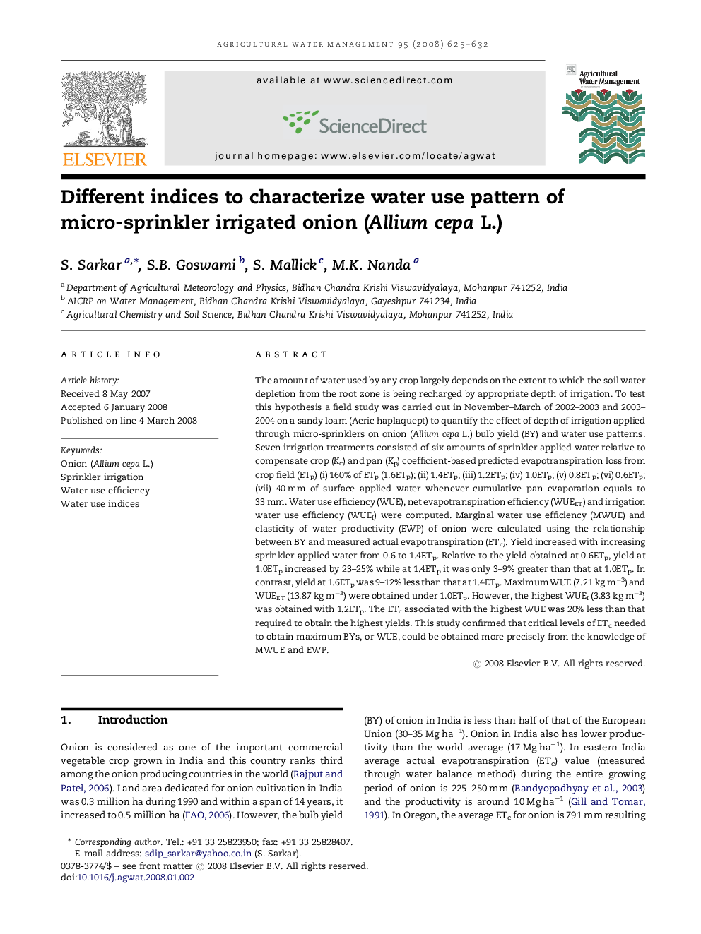 Different indices to characterize water use pattern of micro-sprinkler irrigated onion (Allium cepa L.)