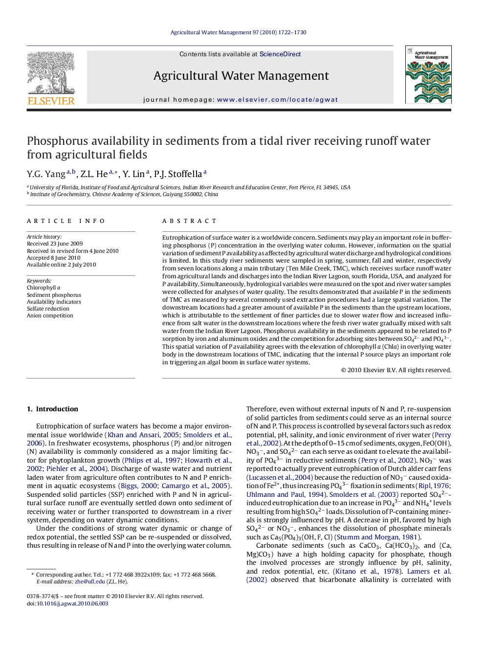 Phosphorus availability in sediments from a tidal river receiving runoff water from agricultural fields