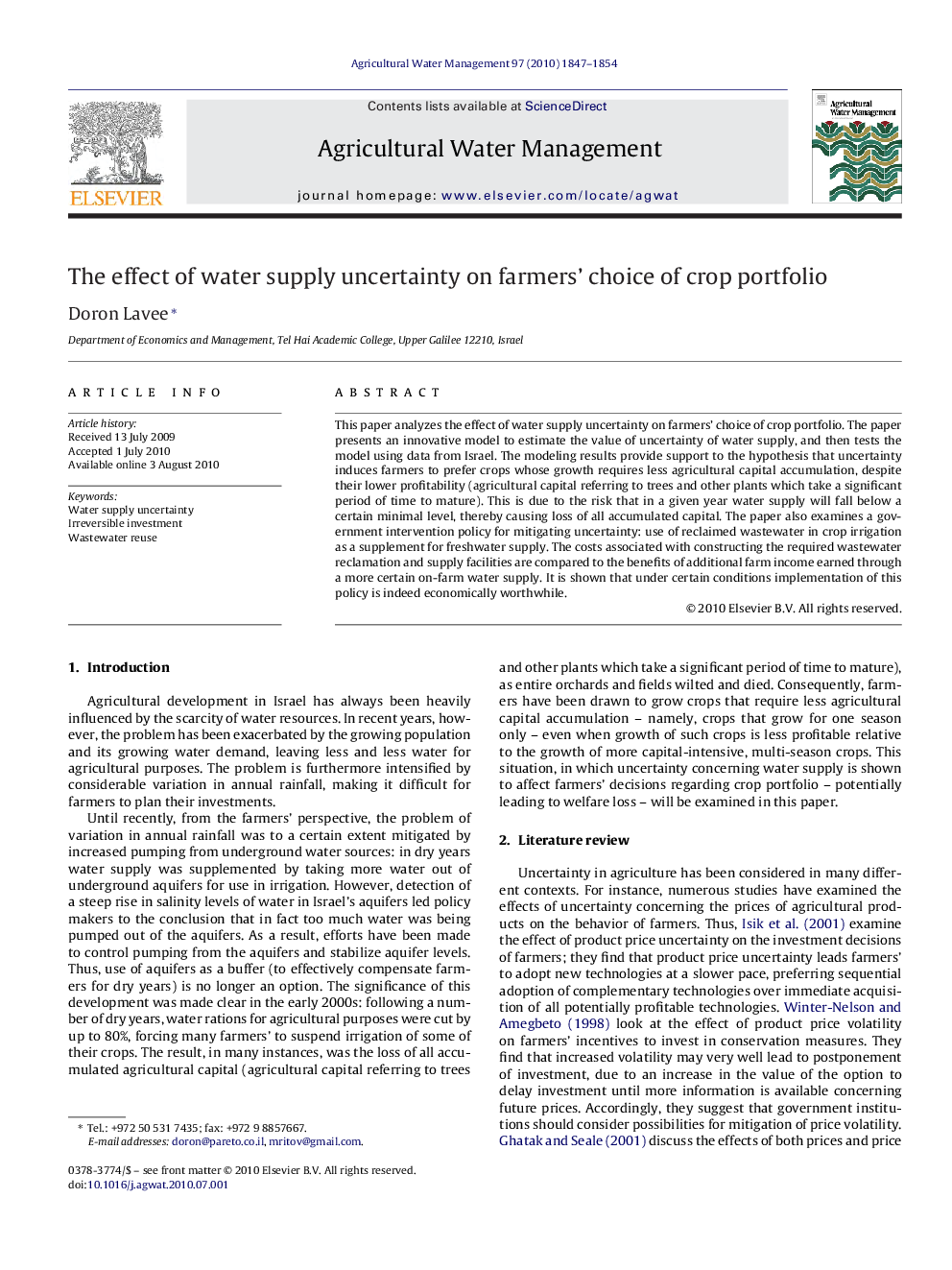 The effect of water supply uncertainty on farmers’ choice of crop portfolio