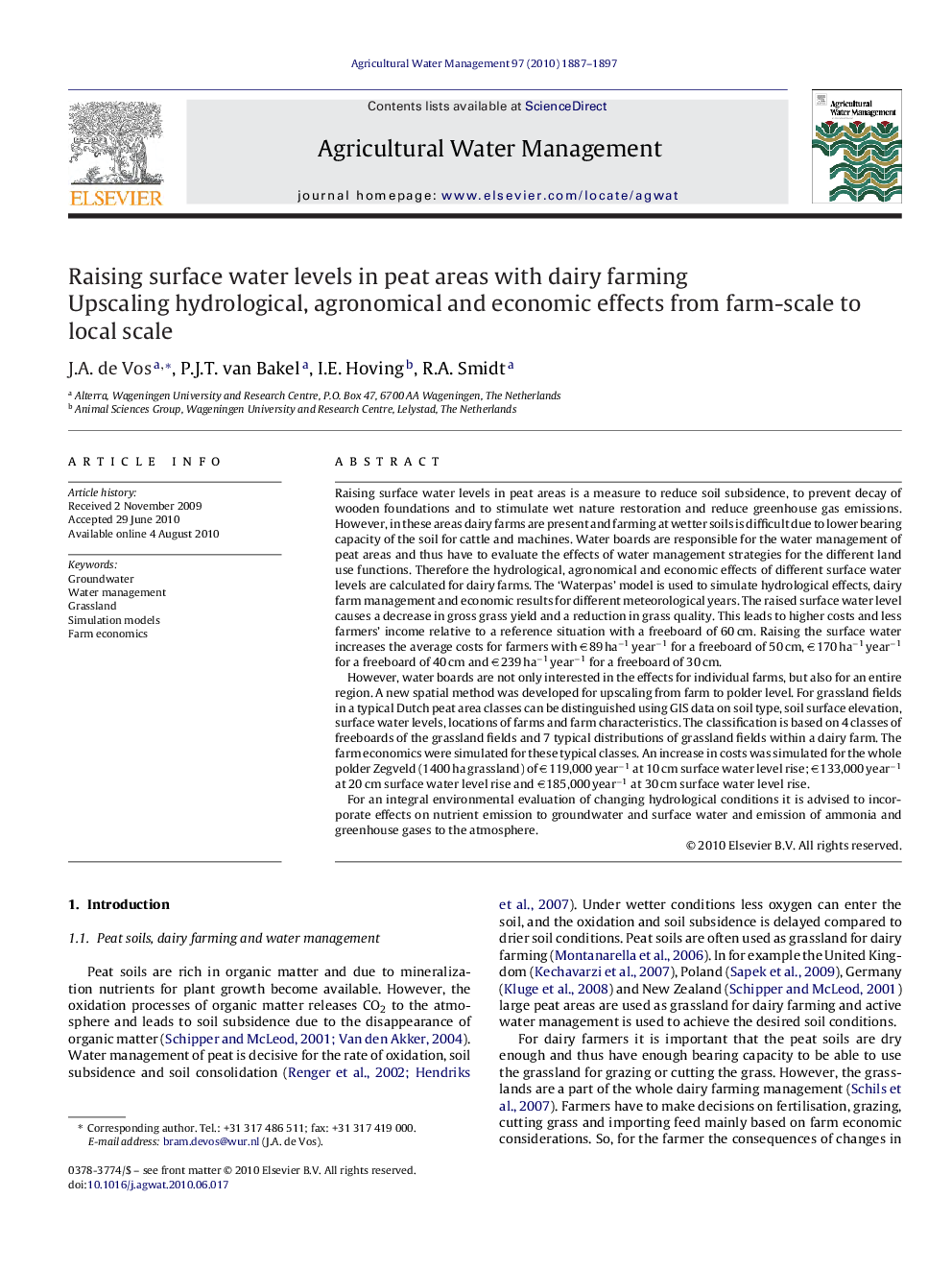 Raising surface water levels in peat areas with dairy farming: Upscaling hydrological, agronomical and economic effects from farm-scale to local scale