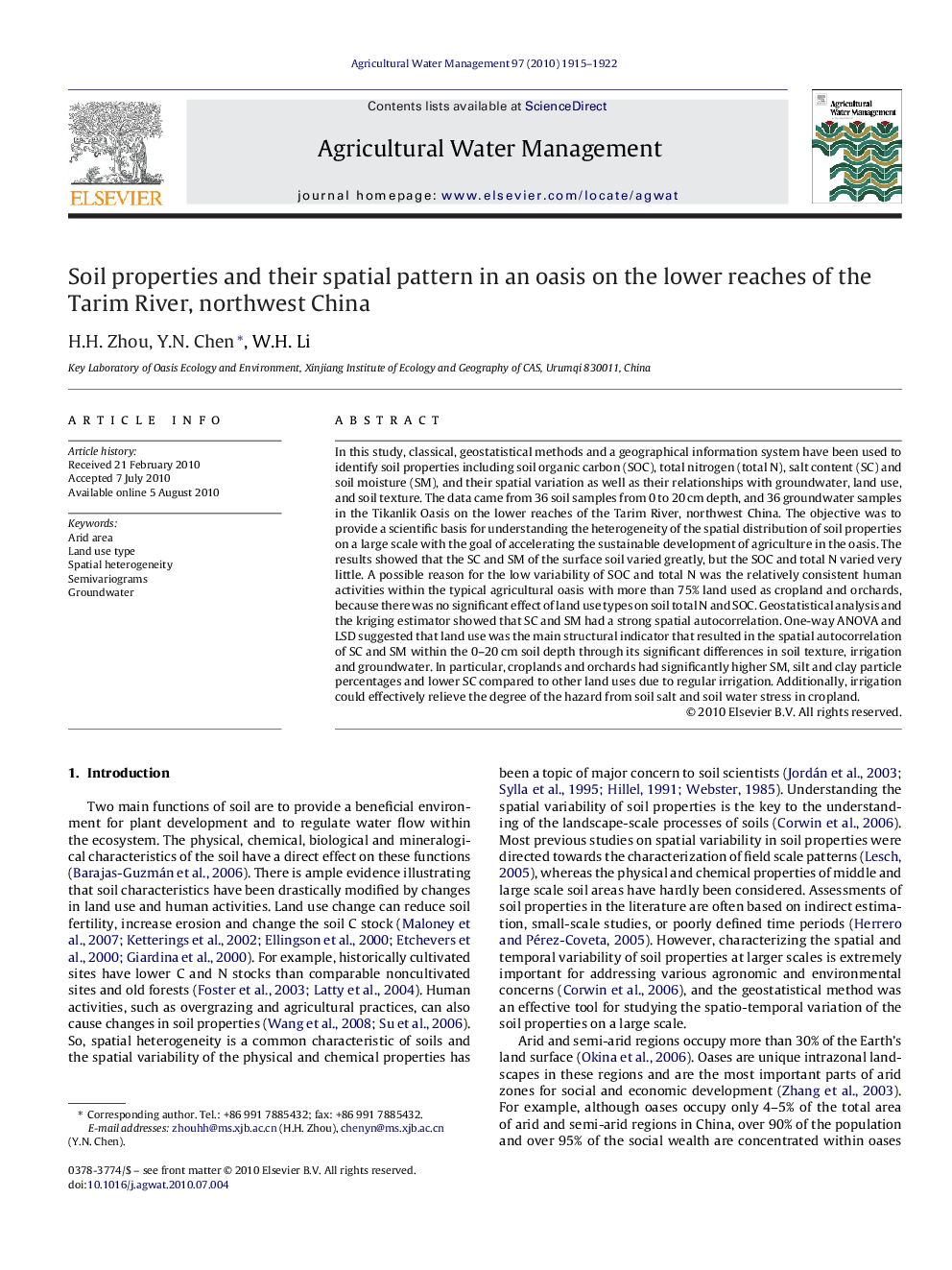 Soil properties and their spatial pattern in an oasis on the lower reaches of the Tarim River, northwest China