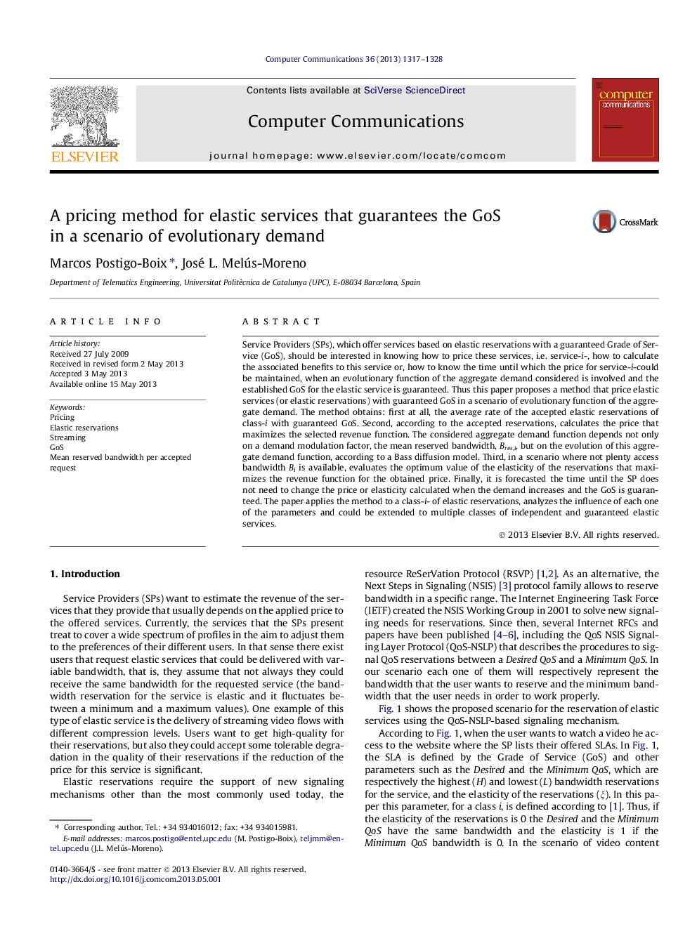 A pricing method for elastic services that guarantees the GoS in a scenario of evolutionary demand