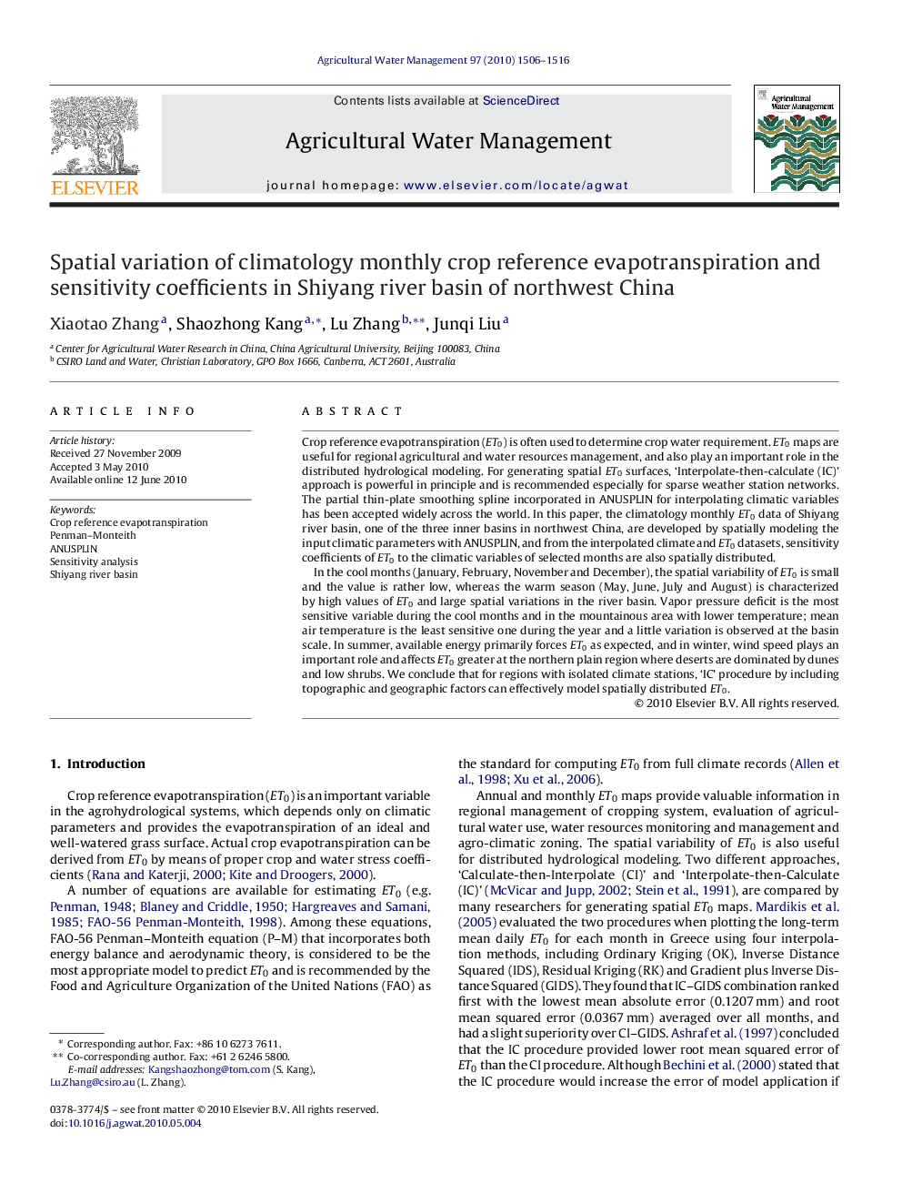 Spatial variation of climatology monthly crop reference evapotranspiration and sensitivity coefficients in Shiyang river basin of northwest China