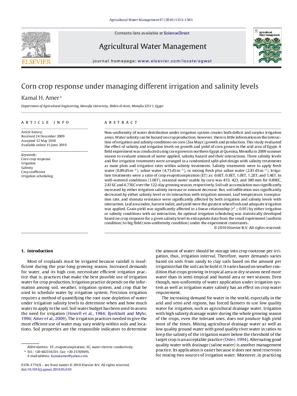 Corn crop response under managing different irrigation and salinity levels