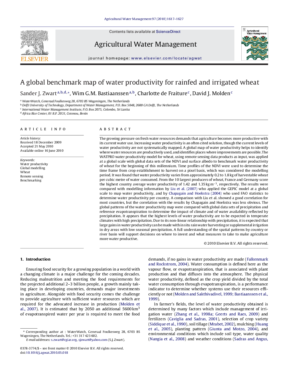 A global benchmark map of water productivity for rainfed and irrigated wheat