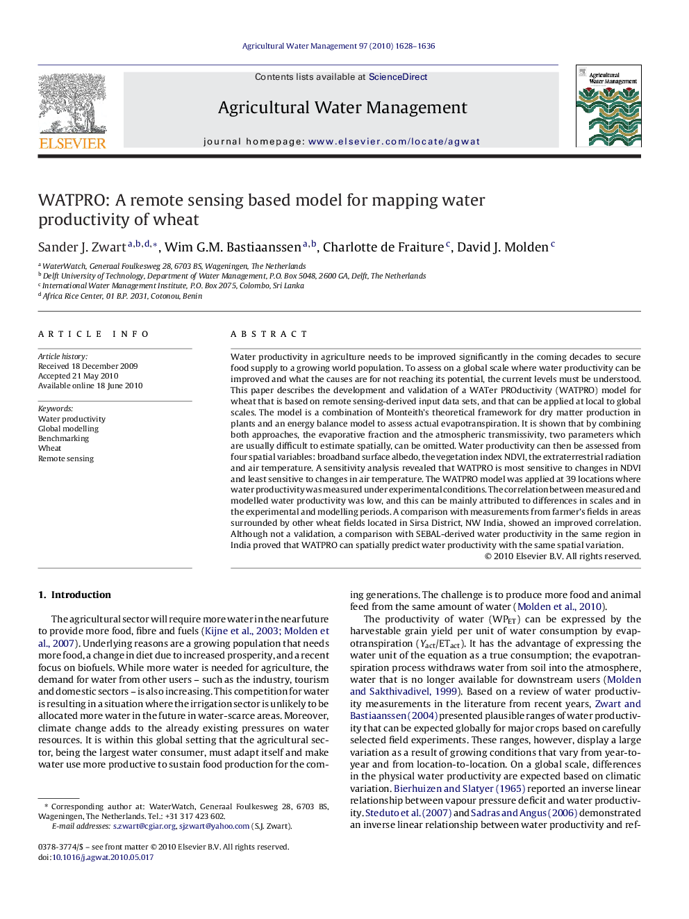 WATPRO: A remote sensing based model for mapping water productivity of wheat