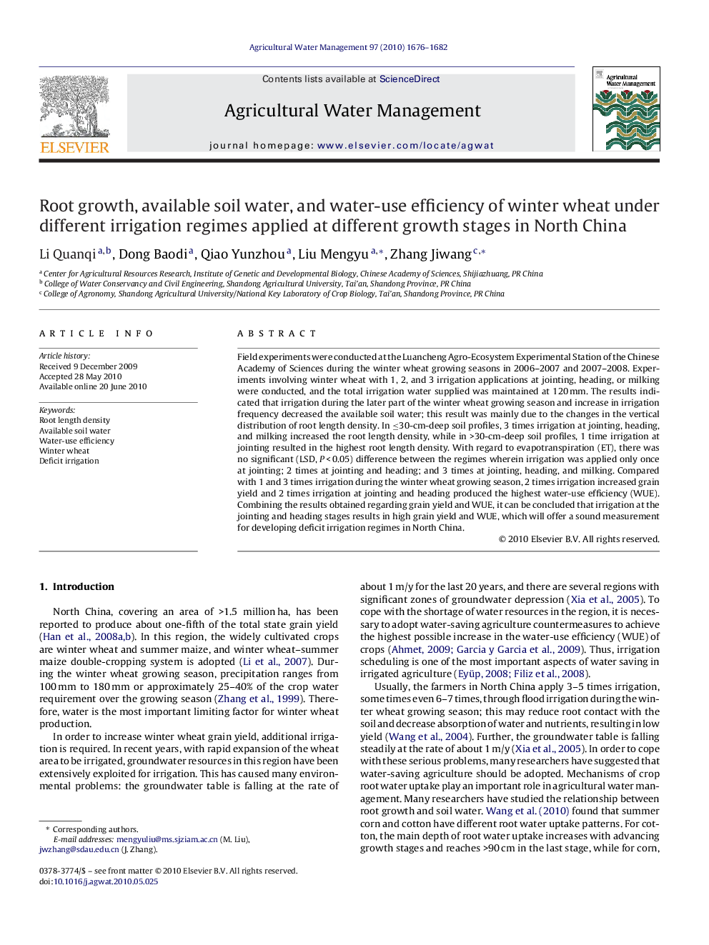 Root growth, available soil water, and water-use efficiency of winter wheat under different irrigation regimes applied at different growth stages in North China