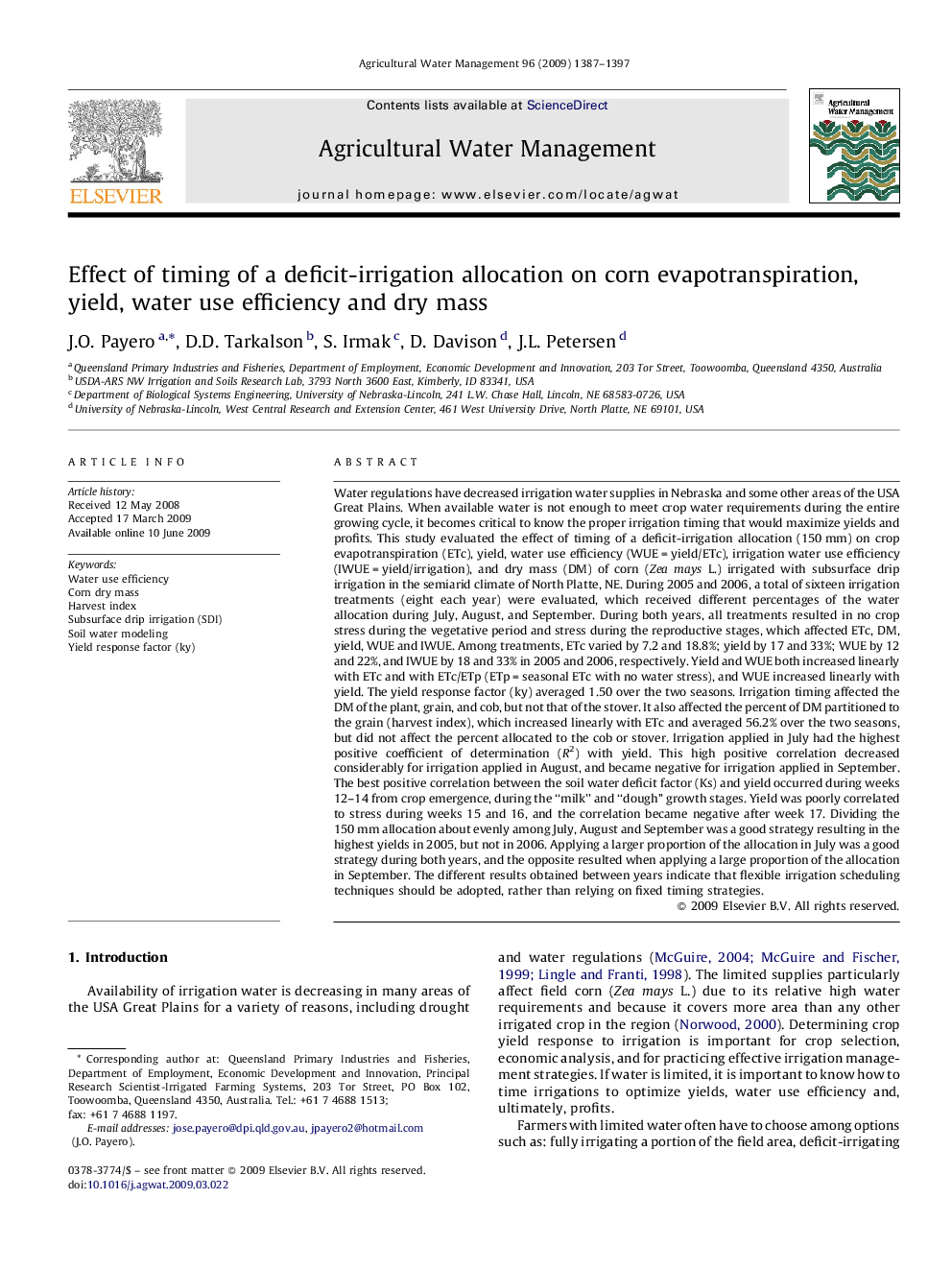 Effect of timing of a deficit-irrigation allocation on corn evapotranspiration, yield, water use efficiency and dry mass