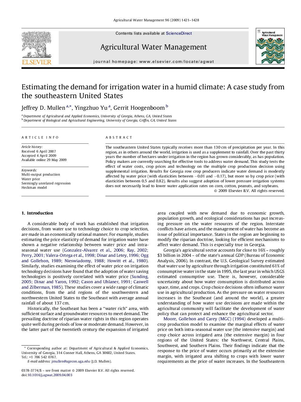 Estimating the demand for irrigation water in a humid climate: A case study from the southeastern United States