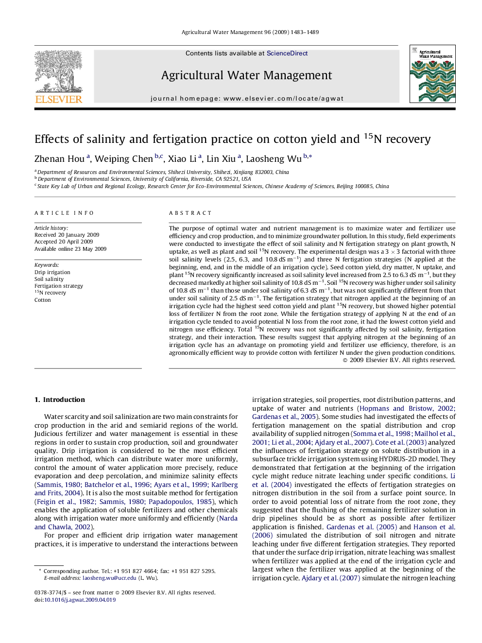 Effects of salinity and fertigation practice on cotton yield and 15N recovery