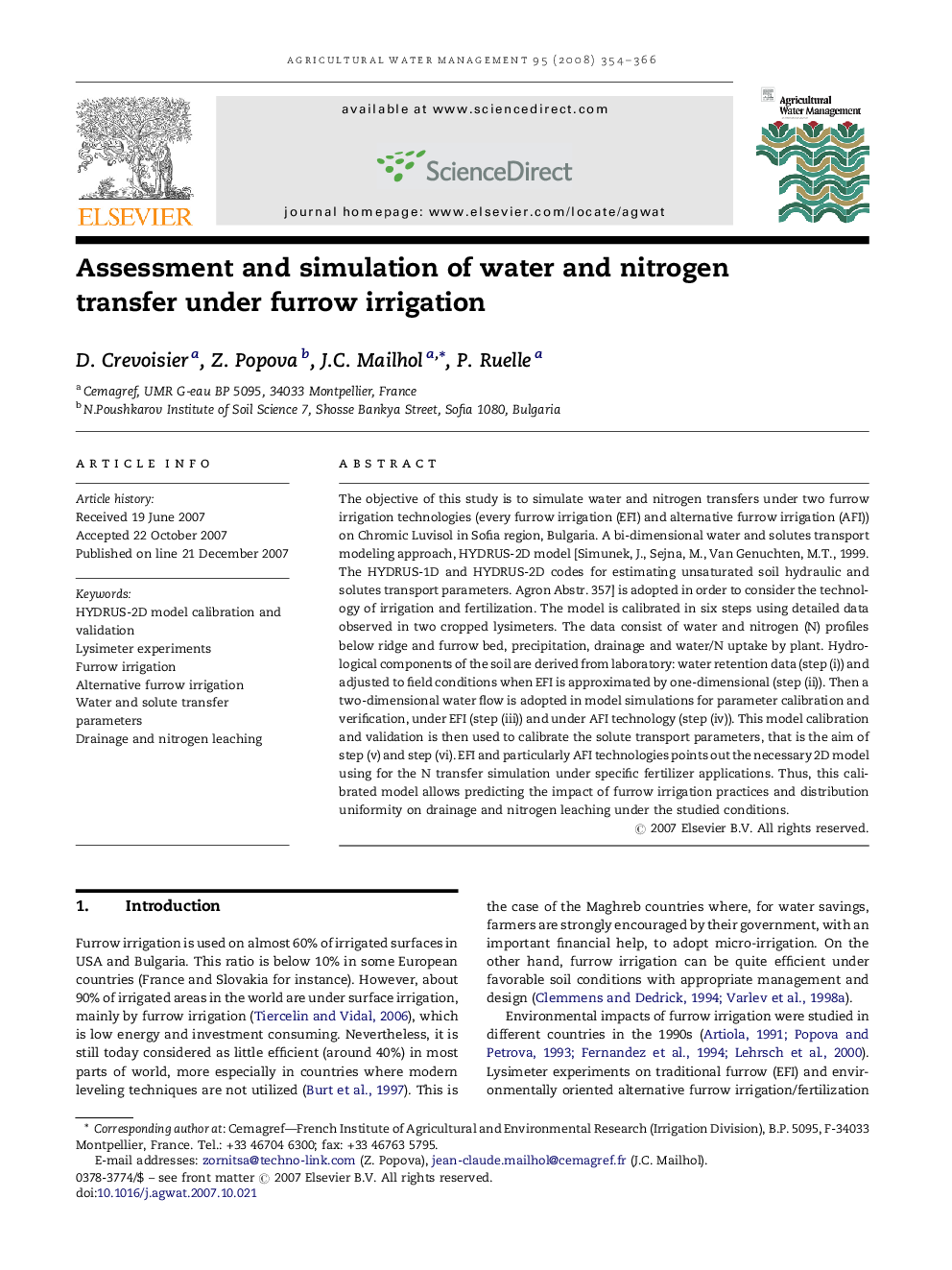 Assessment and simulation of water and nitrogen transfer under furrow irrigation