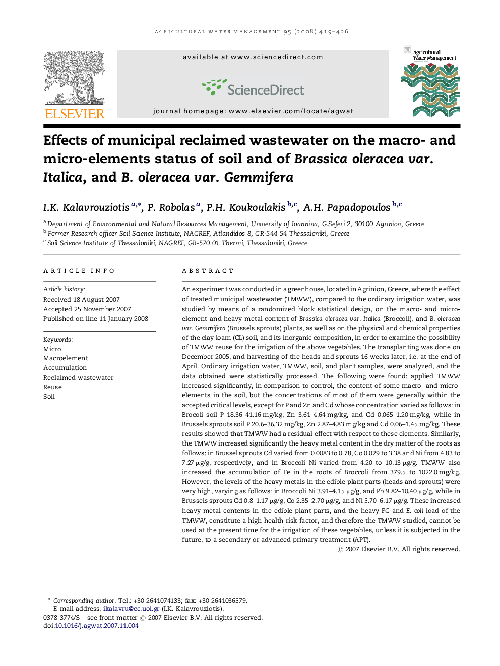 Effects of municipal reclaimed wastewater on the macro- and micro-elements status of soil and of Brassica oleracea var. Italica, and B. oleracea var. Gemmifera