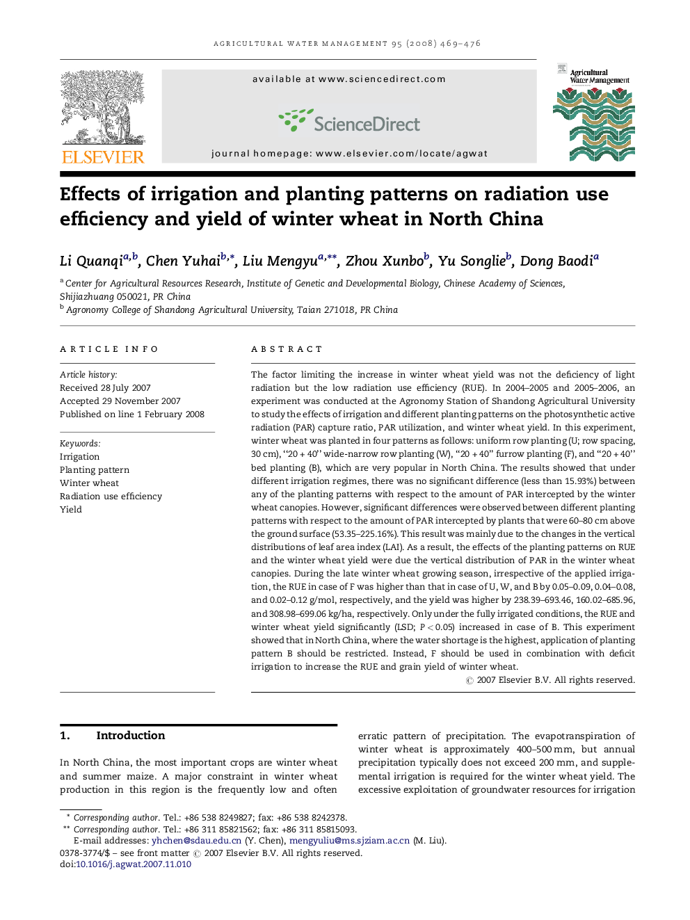 Effects of irrigation and planting patterns on radiation use efficiency and yield of winter wheat in North China