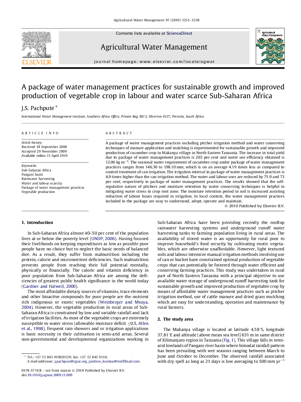 A package of water management practices for sustainable growth and improved production of vegetable crop in labour and water scarce Sub-Saharan Africa