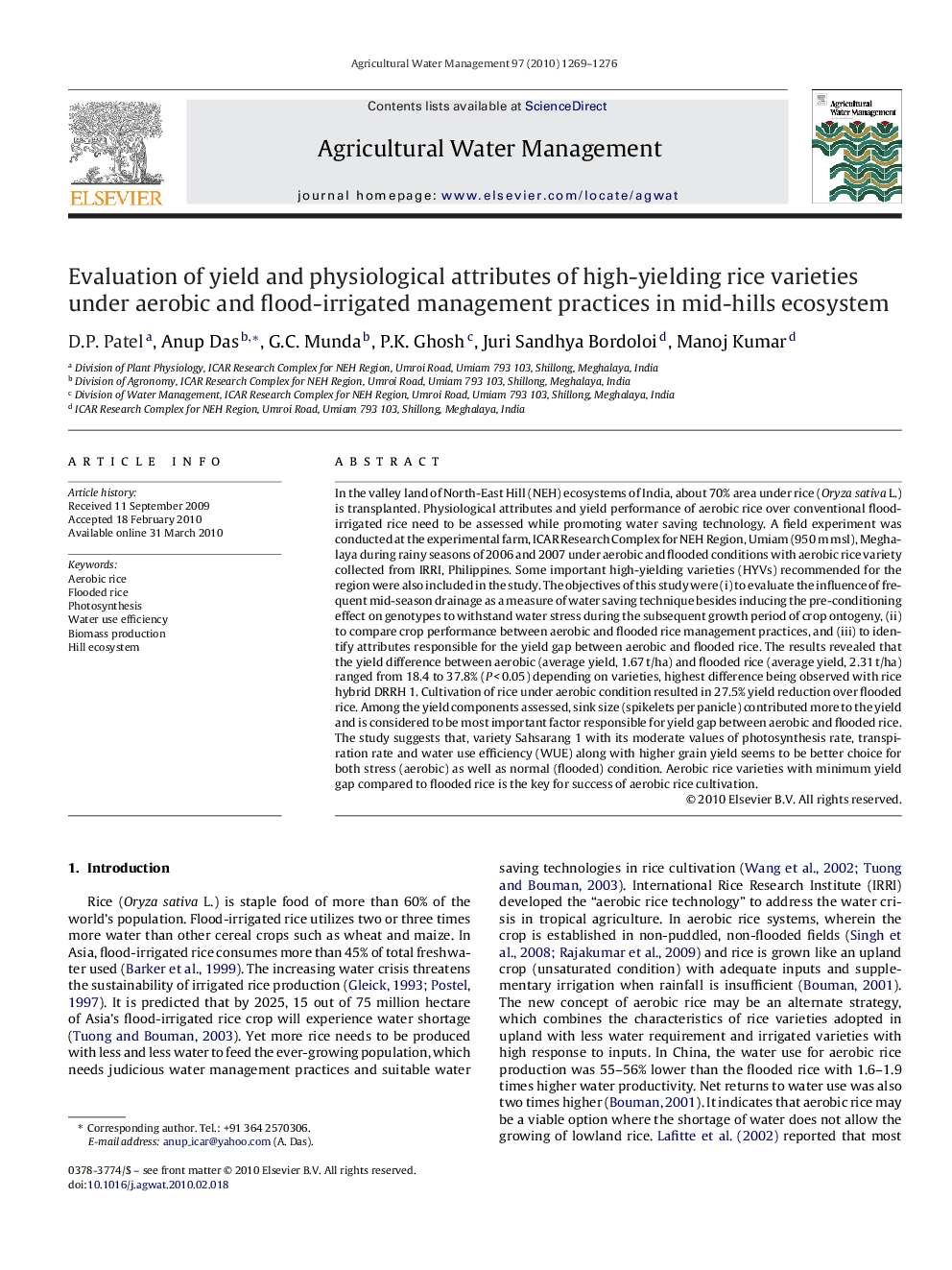 Evaluation of yield and physiological attributes of high-yielding rice varieties under aerobic and flood-irrigated management practices in mid-hills ecosystem