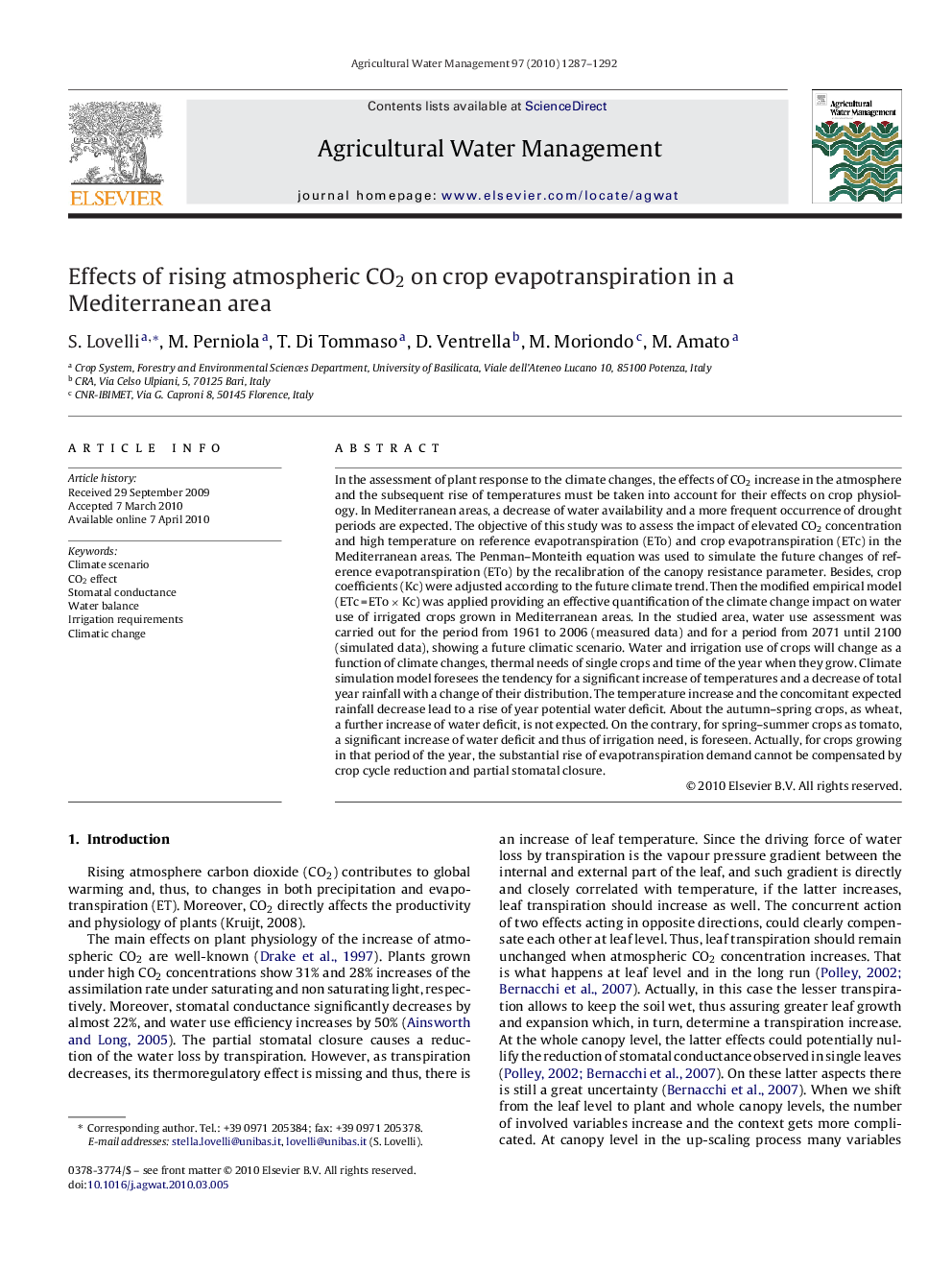 Effects of rising atmospheric CO2 on crop evapotranspiration in a Mediterranean area