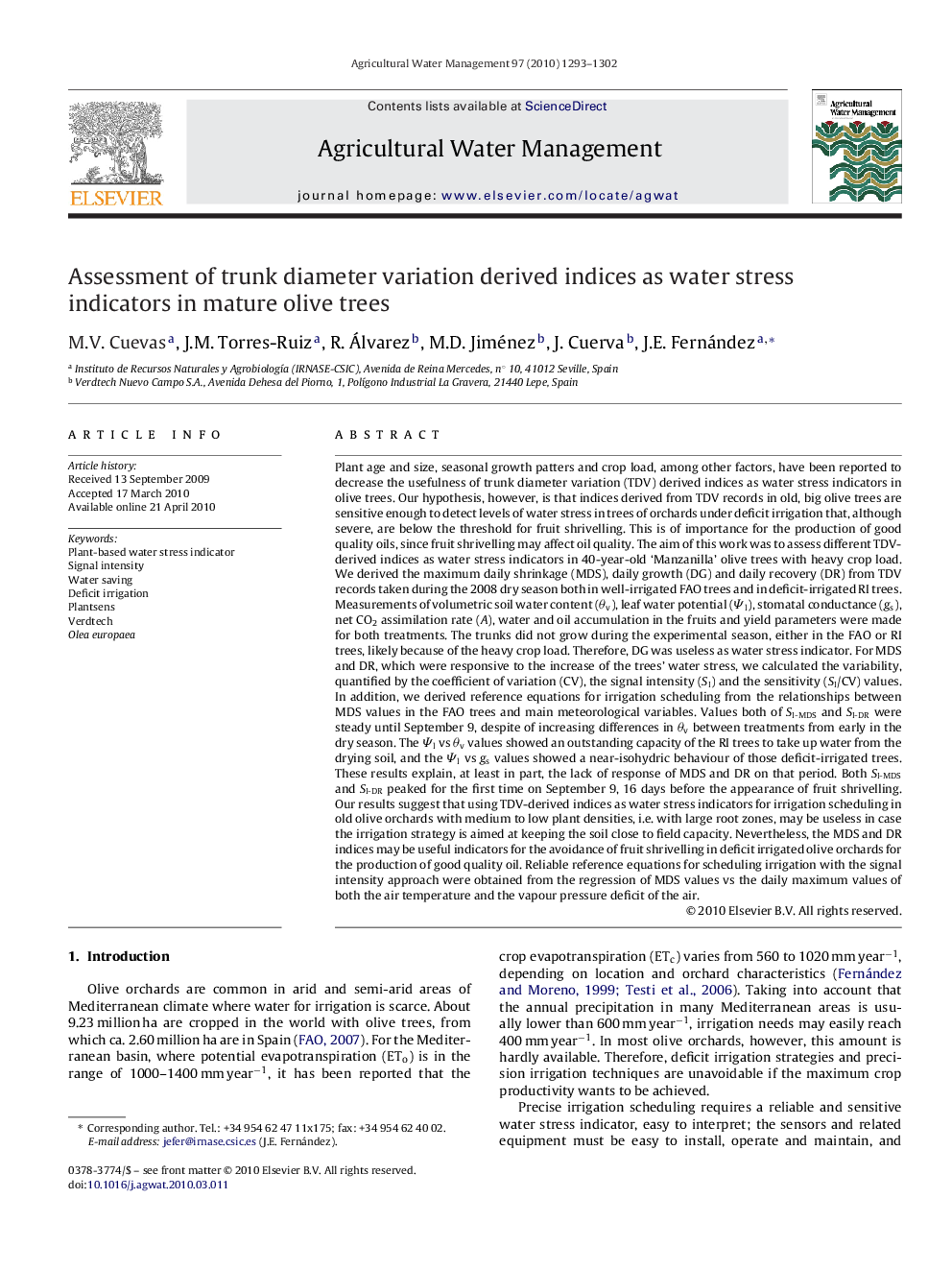 Assessment of trunk diameter variation derived indices as water stress indicators in mature olive trees