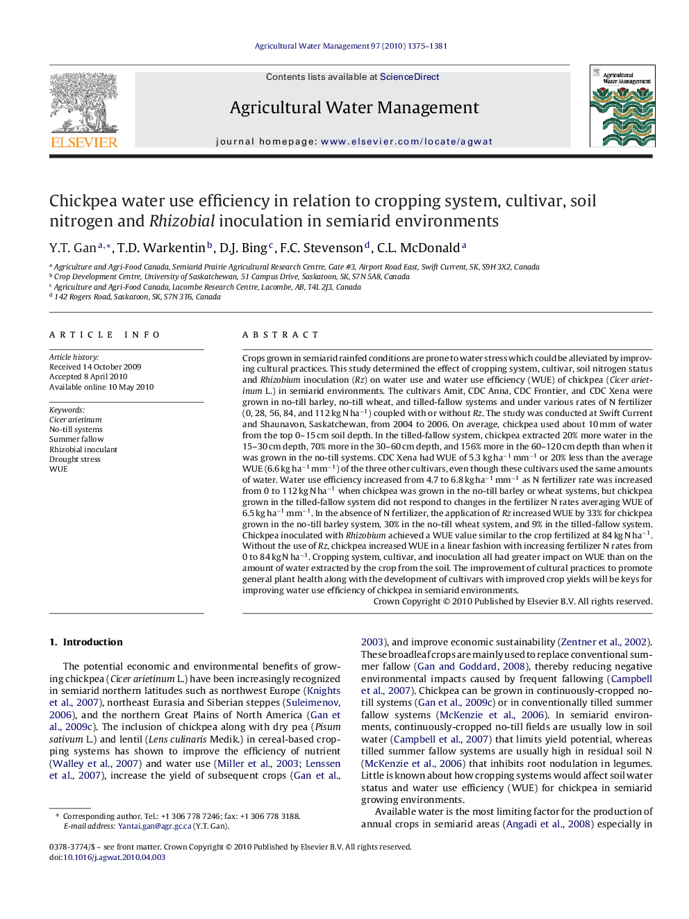 Chickpea water use efficiency in relation to cropping system, cultivar, soil nitrogen and Rhizobial inoculation in semiarid environments