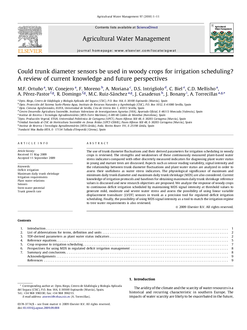 Could trunk diameter sensors be used in woody crops for irrigation scheduling? A review of current knowledge and future perspectives