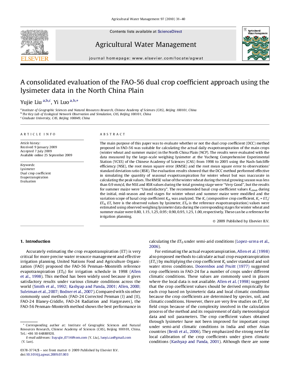 A consolidated evaluation of the FAO-56 dual crop coefficient approach using the lysimeter data in the North China Plain