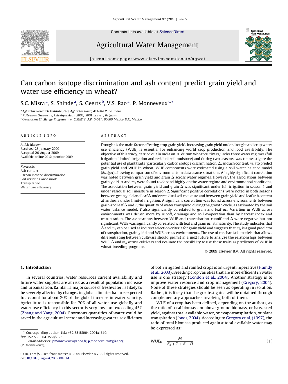 Can carbon isotope discrimination and ash content predict grain yield and water use efficiency in wheat?