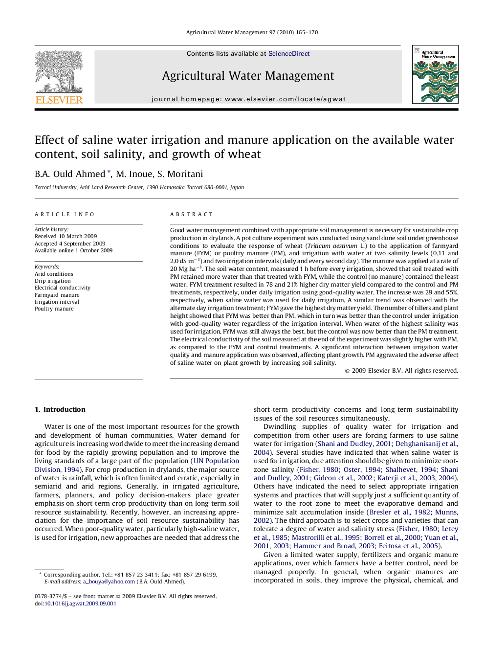 Effect of saline water irrigation and manure application on the available water content, soil salinity, and growth of wheat