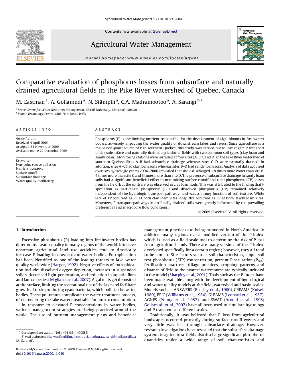 Comparative evaluation of phosphorus losses from subsurface and naturally drained agricultural fields in the Pike River watershed of Quebec, Canada