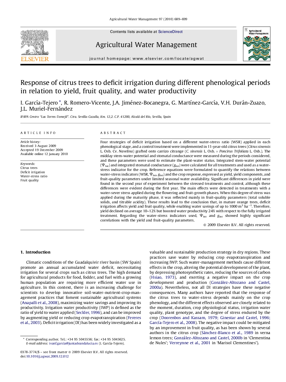 Response of citrus trees to deficit irrigation during different phenological periods in relation to yield, fruit quality, and water productivity