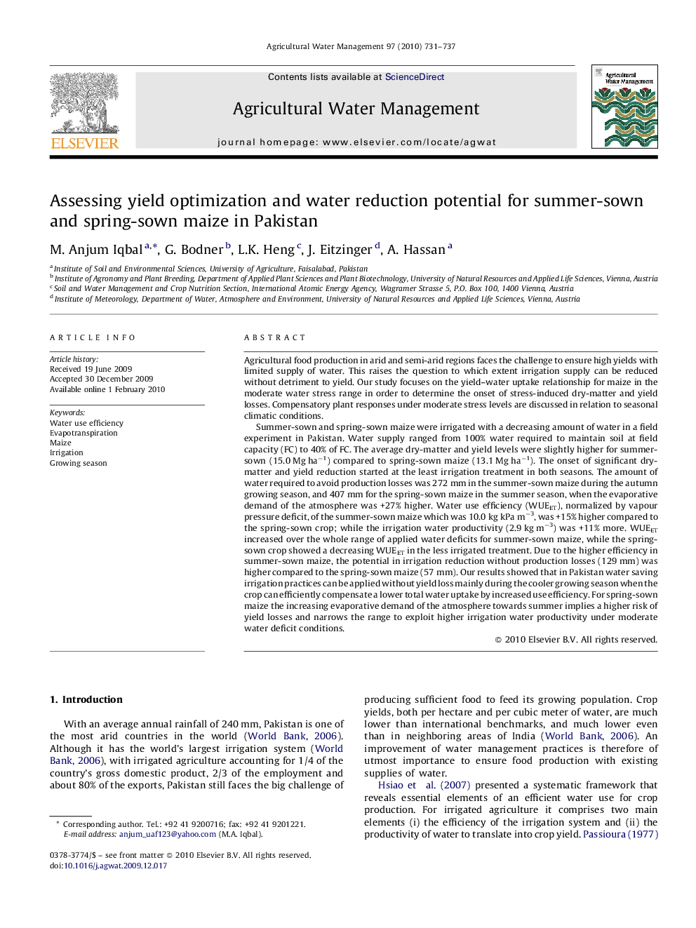 Assessing yield optimization and water reduction potential for summer-sown and spring-sown maize in Pakistan