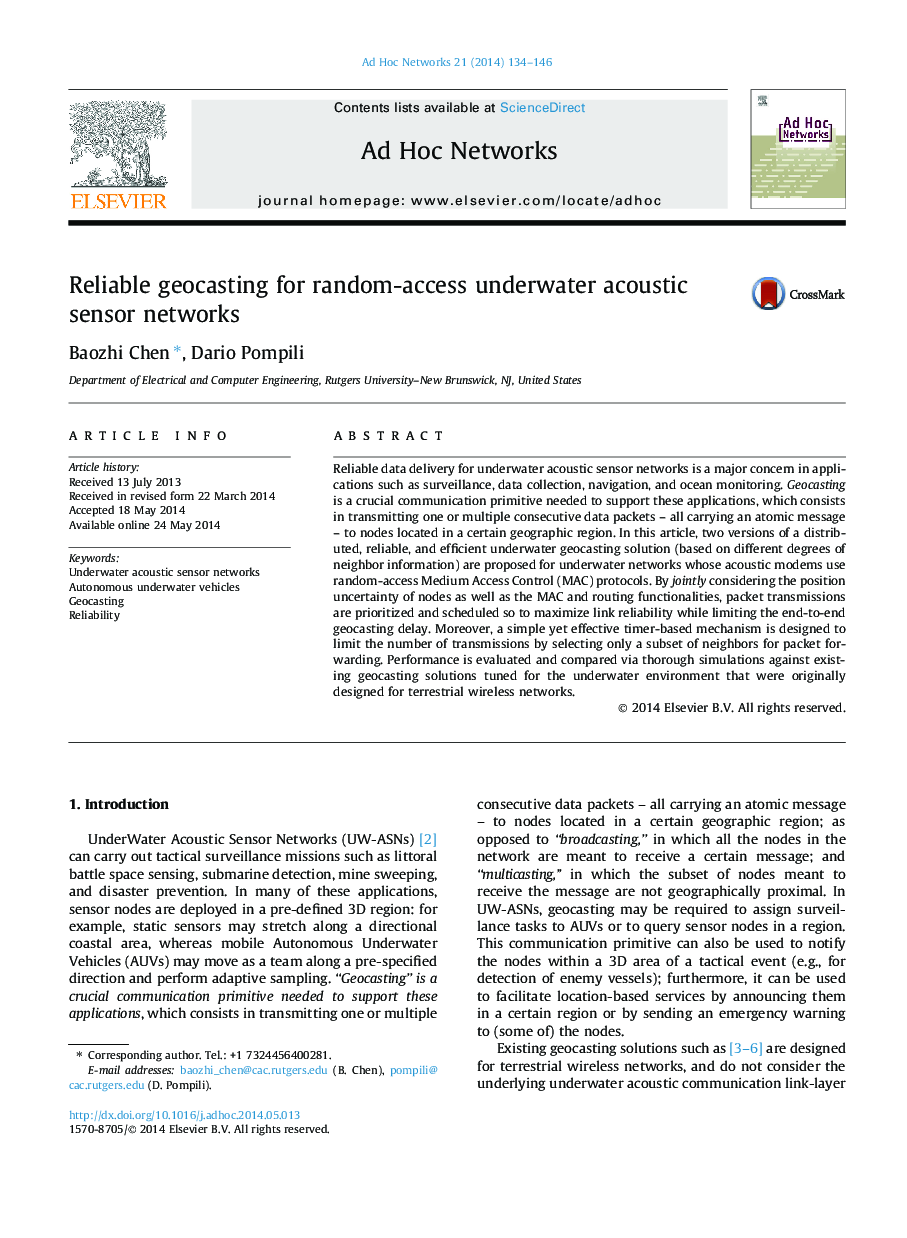 Reliable geocasting for random-access underwater acoustic sensor networks