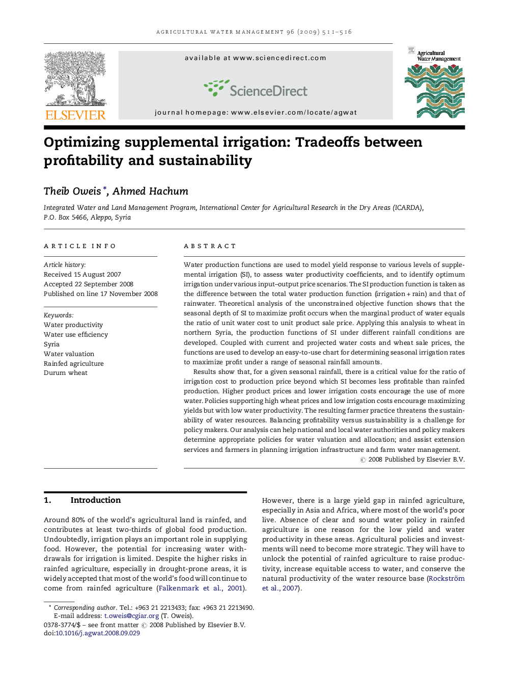 Optimizing supplemental irrigation: Tradeoffs between profitability and sustainability