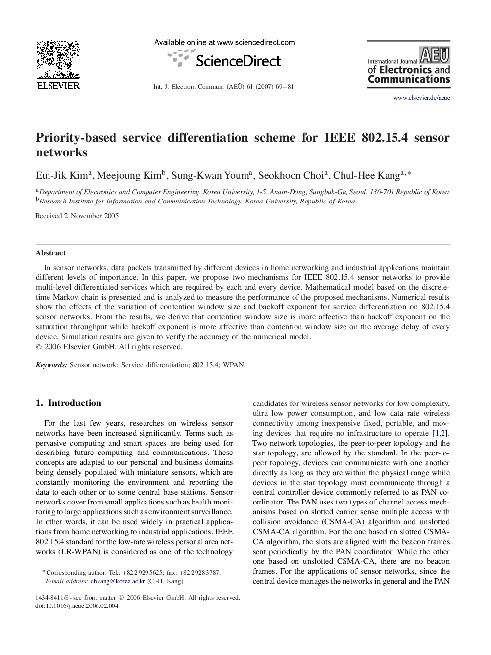 Priority-based service differentiation scheme for IEEE 802.15.4 sensor networks