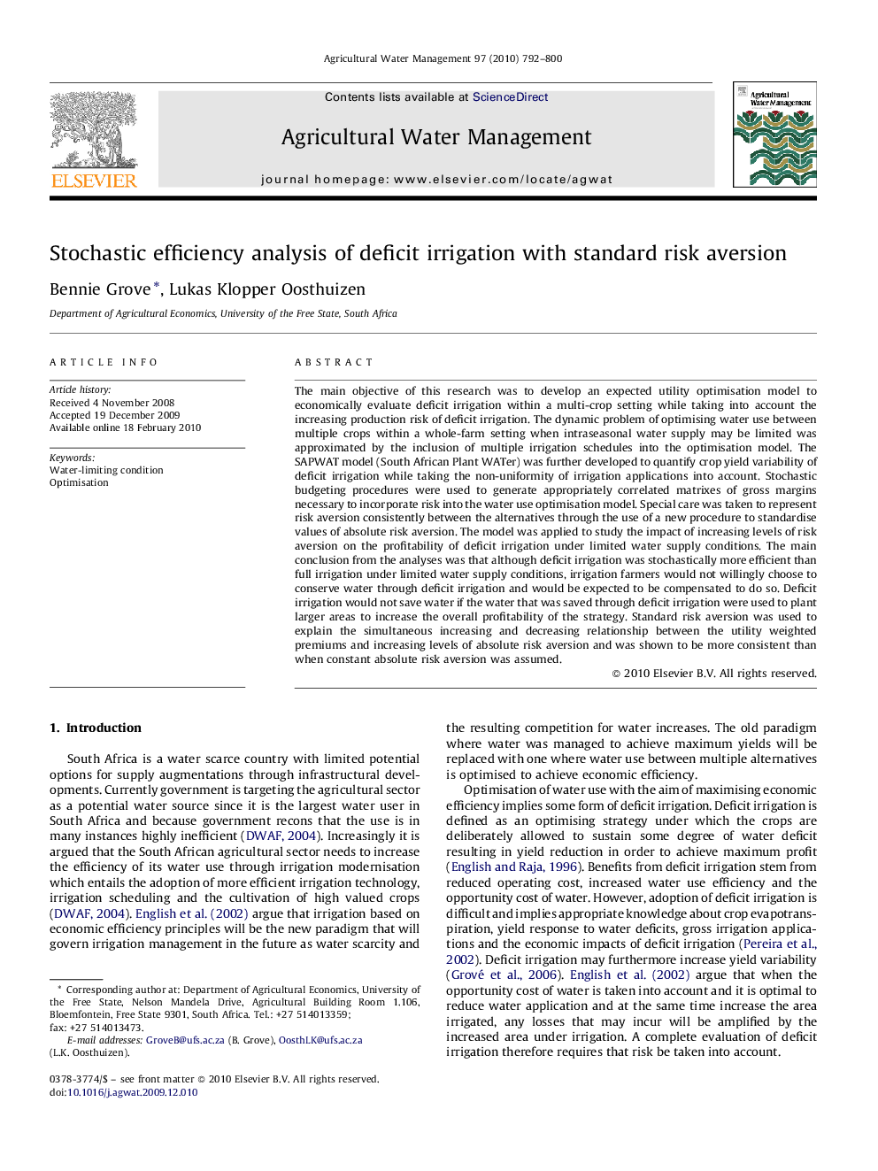 عکس صفحه اول مقاله: Stochastic efficiency analysis of deficit irrigation with standard risk aversion Stochastic efficiency analysis of deficit irrigation with standard risk aversion