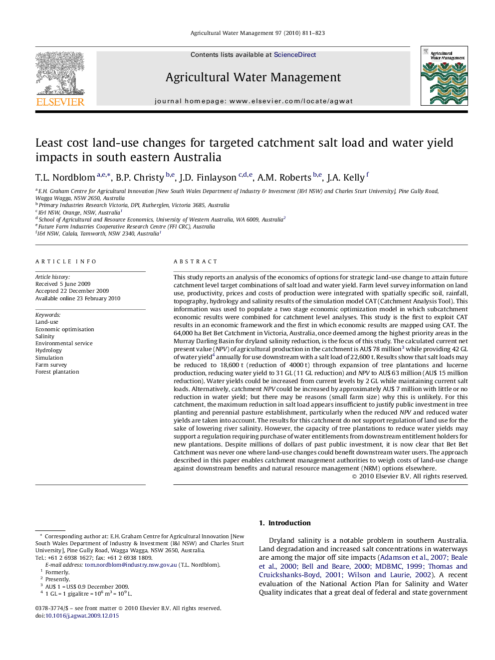 Least cost land-use changes for targeted catchment salt load and water yield impacts in south eastern Australia