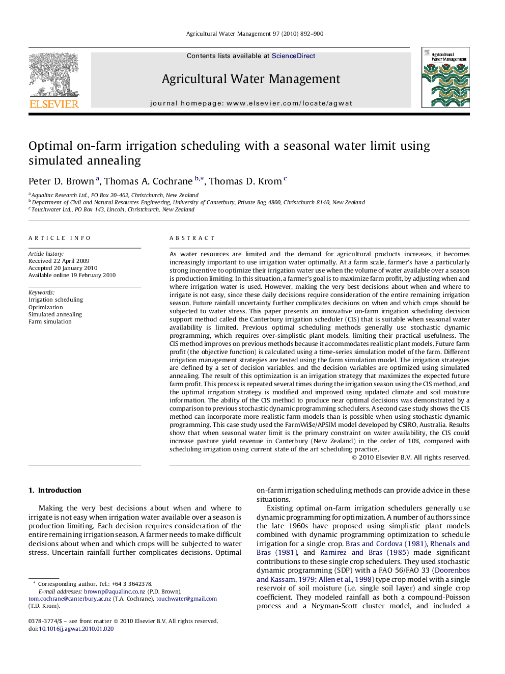 Optimal on-farm irrigation scheduling with a seasonal water limit using simulated annealing