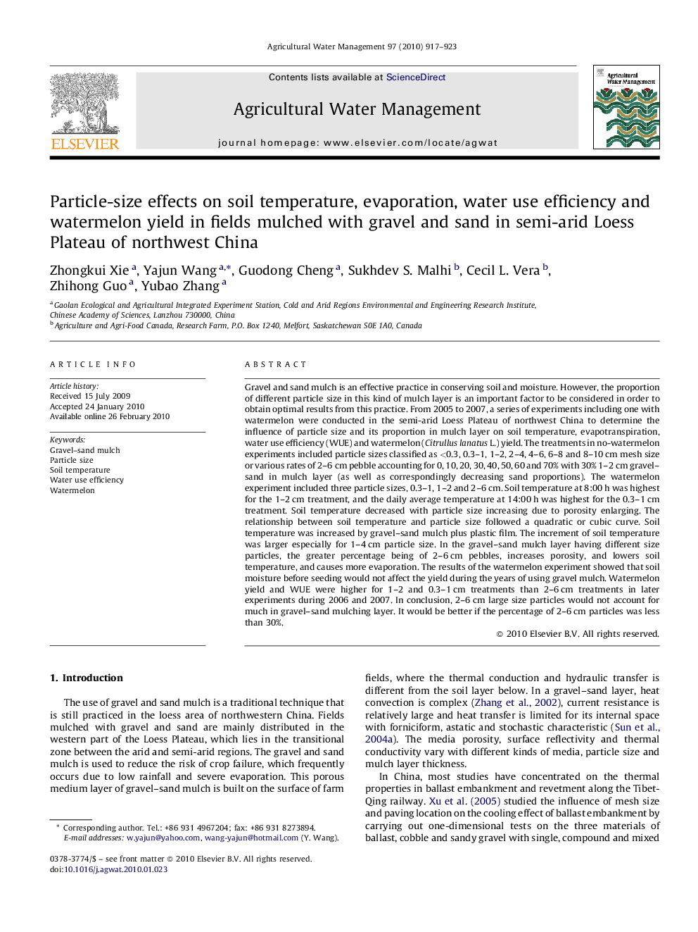 Particle-size effects on soil temperature, evaporation, water use efficiency and watermelon yield in fields mulched with gravel and sand in semi-arid Loess Plateau of northwest China