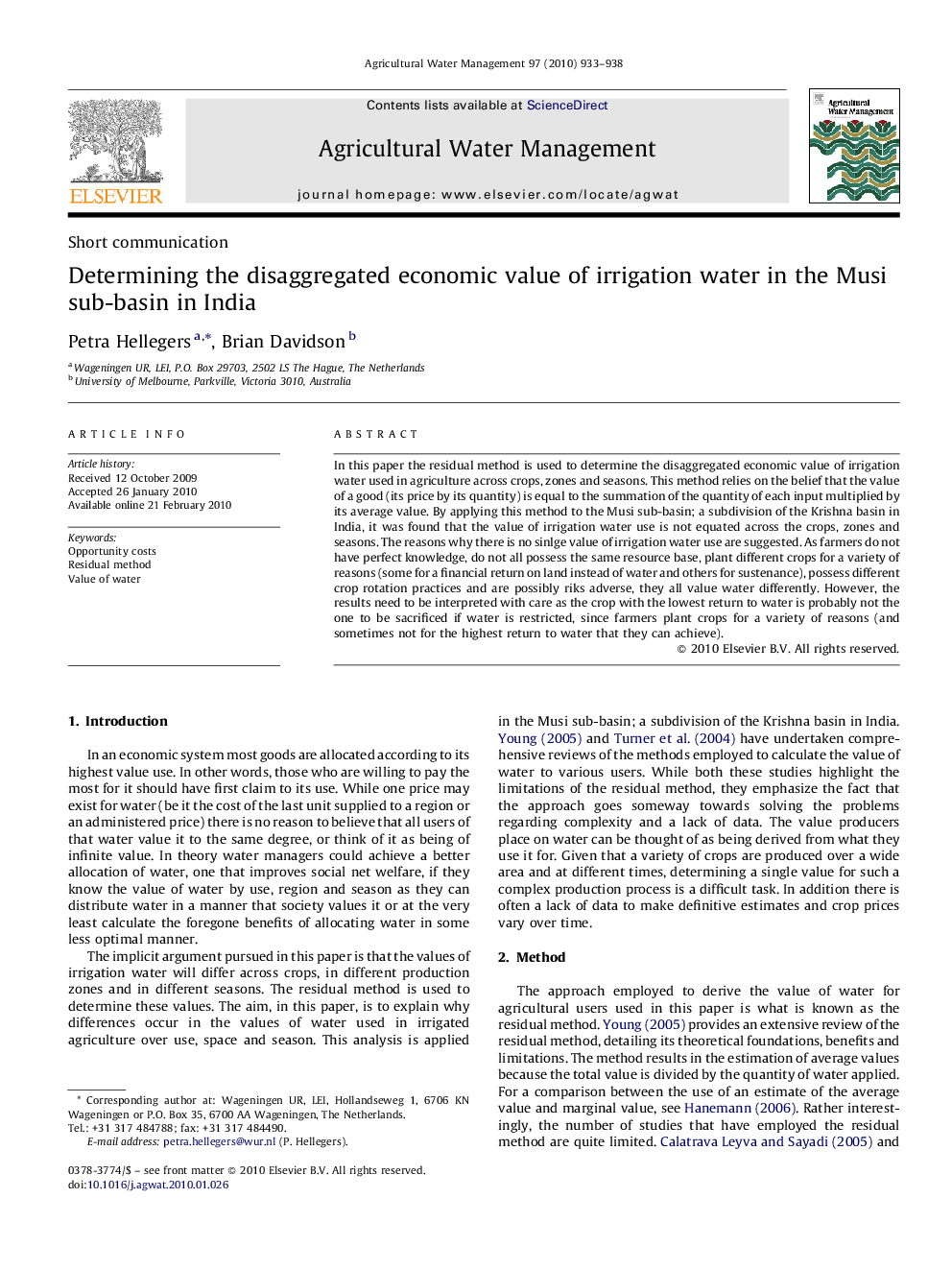 Determining the disaggregated economic value of irrigation water in the Musi sub-basin in India