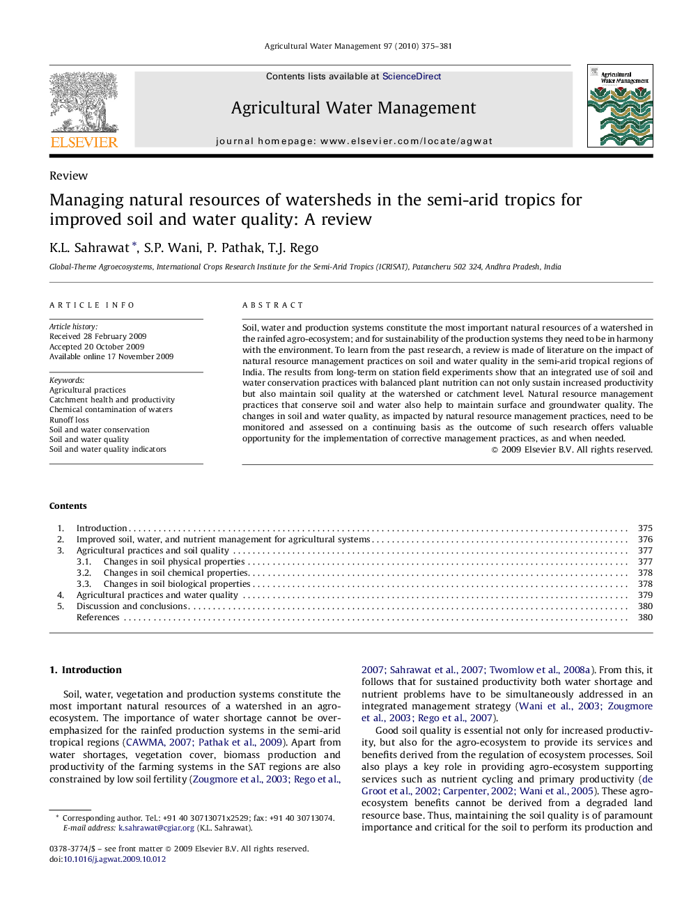 Managing natural resources of watersheds in the semi-arid tropics for improved soil and water quality: A review