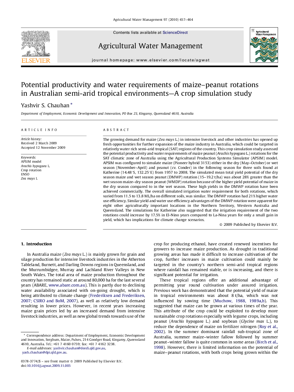 Potential productivity and water requirements of maize–peanut rotations in Australian semi-arid tropical environments—A crop simulation study