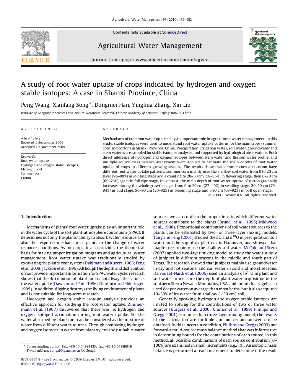 A study of root water uptake of crops indicated by hydrogen and oxygen stable isotopes: A case in Shanxi Province, China