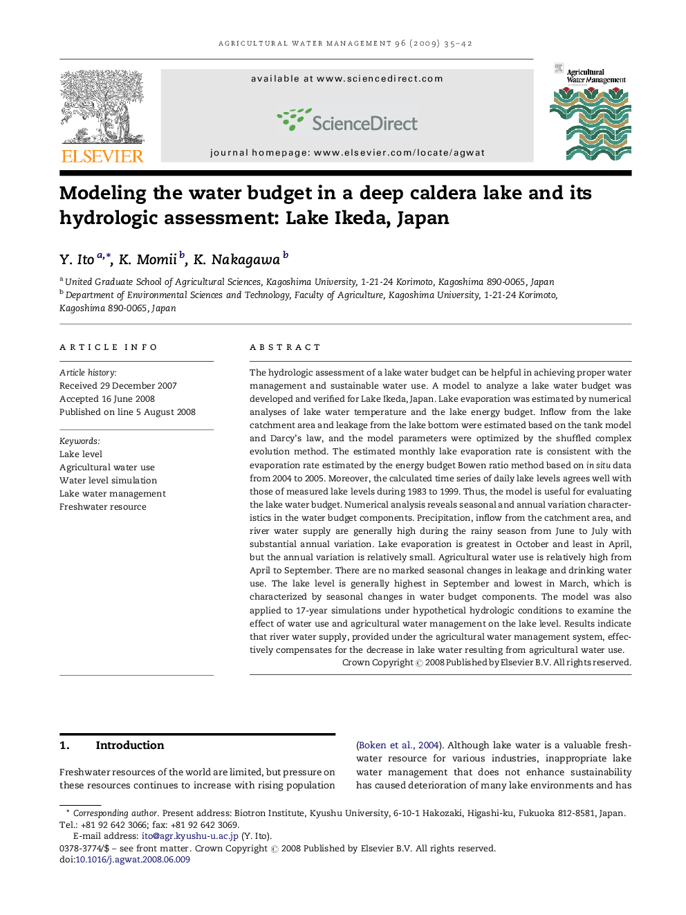 Modeling the water budget in a deep caldera lake and its hydrologic assessment: Lake Ikeda, Japan