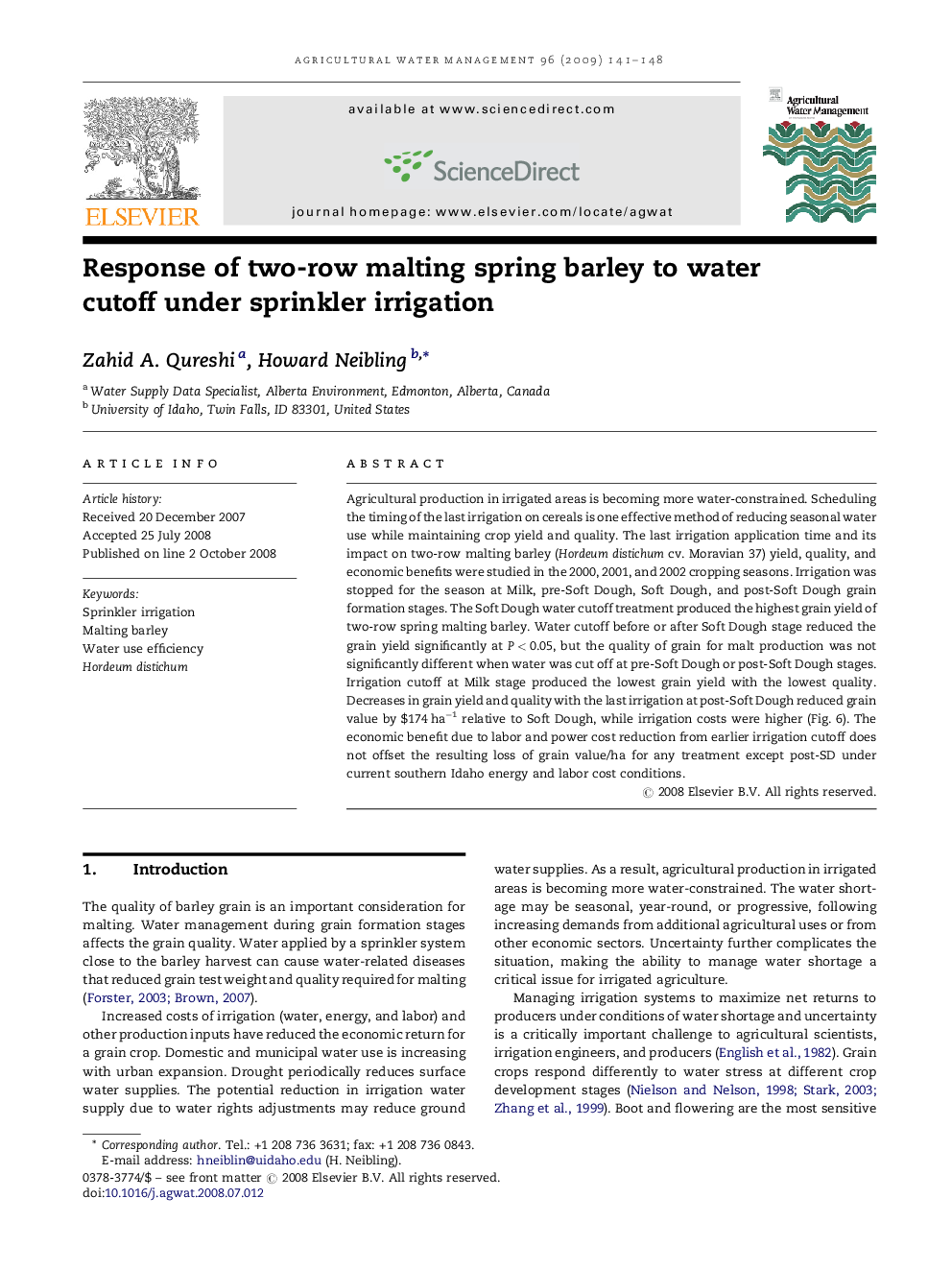 Response of two-row malting spring barley to water cutoff under sprinkler irrigation