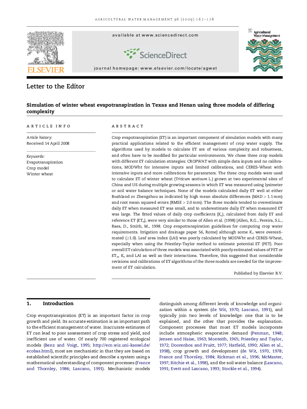 Simulation of winter wheat evapotranspiration in Texas and Henan using three models of differing complexity